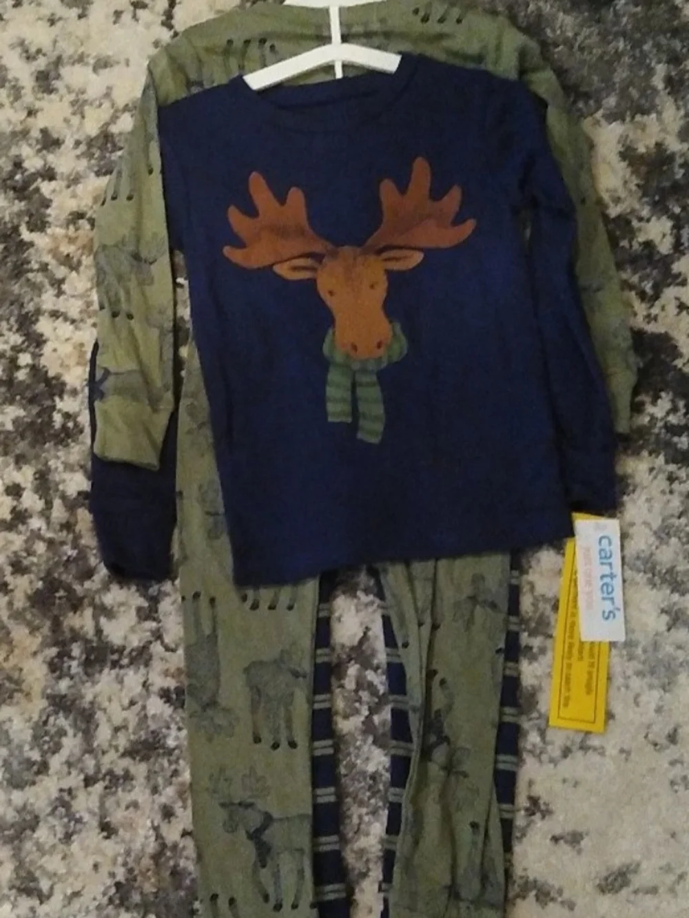 New Carter's Navy Top with Olive Moose Print 4 Piece Pajamas Set Size 4T.